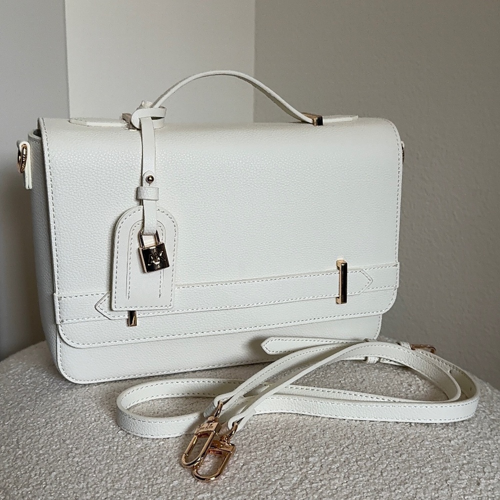 Anne Klein's Belted Flap Crossbody Bag Convertible Strap in White